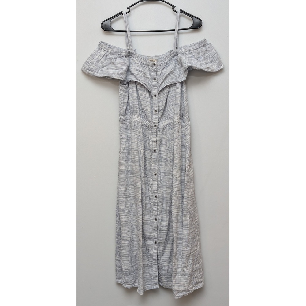 DR 1 Lucky Brand Blue Striped Off The Shoulder Button Down Linen‎ Dress Sz Large